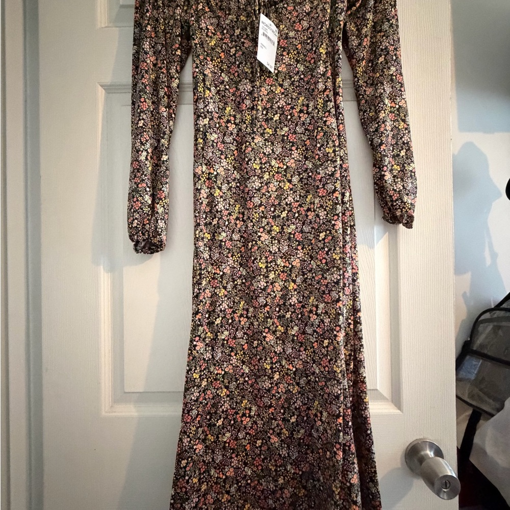 Velvet Torch Black Floral Midi Dress with Pink and Yellow Accents